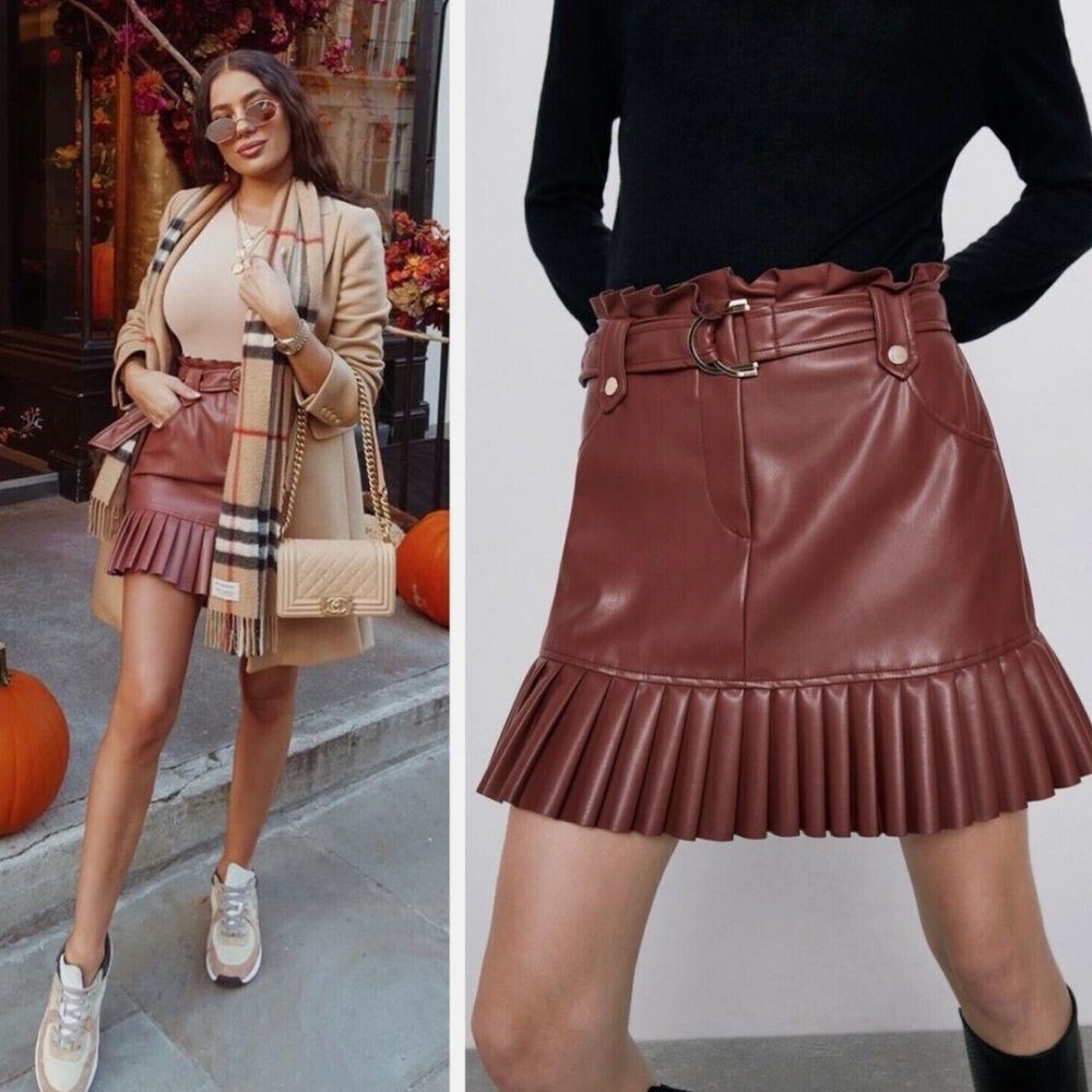 ZARA NWOT Faux Leather Pleated Skirt Size SMALL Brown BLOGGER Favorite